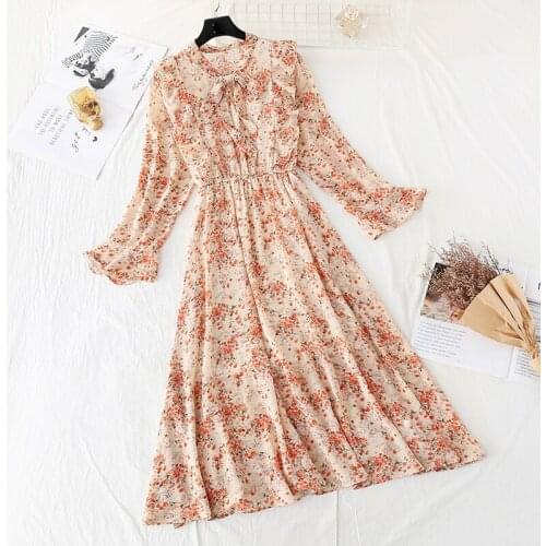 Chiffon High Elastic Waist Party Dress Bow A-line Women Full Sleeve Flower Print Floral Bohemian Dress Female Vestidos Plus Size