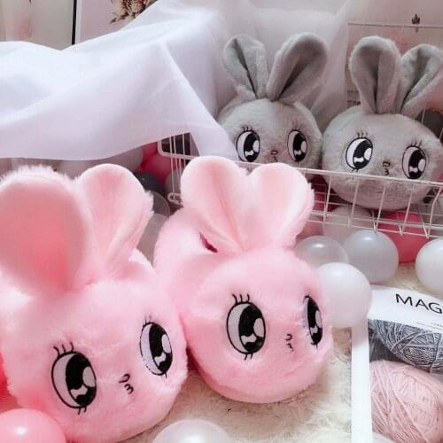 Big Eyes Cute Fuzzy Plush Bunny Heeled Slippers Cartoon Animals Shoes Home Indoor Floor Girls Ladies Winter Gift