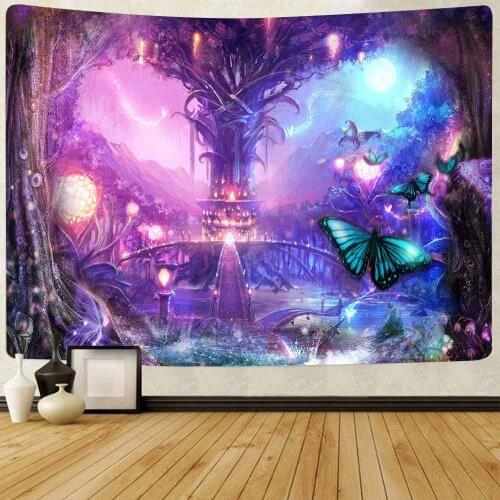 Simsant Psychedelic Forest Castle Tapestry Trippy Mushroom Butterfly Art Wall Hanging Tapestries for Living Room Home Dorm Decor