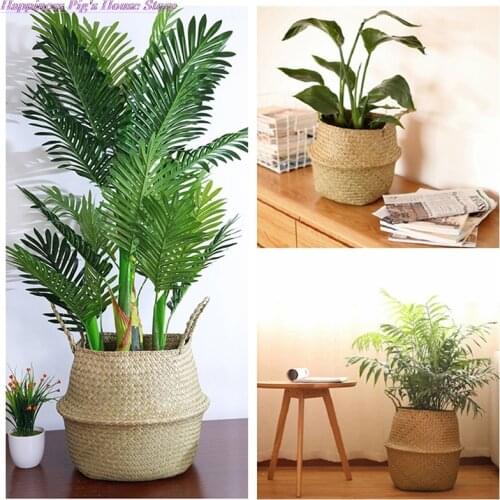 Foldable Hanging Flower Pot Home Garden Seagrass Wickerwork Basket Storage Basket Rattan Planter Woven Dirty Laundry Basket