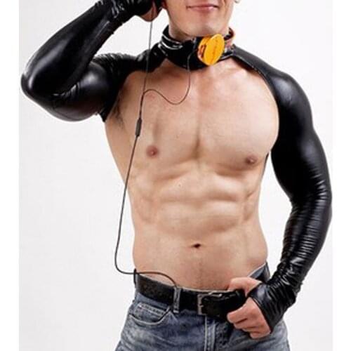 Man Shoulder Strap Crop Tops PU Leather Sexy Long Sleeve Chest Harness Bodybuilding Stage Costume Bondage Gay Exotic Tanks XXL