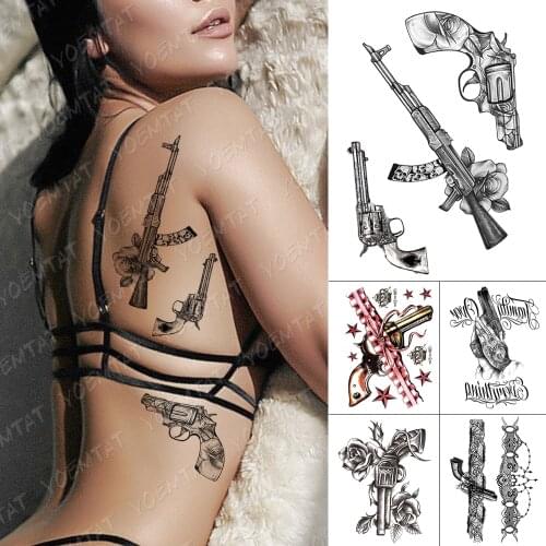 Waterproof Temporary Tattoo Stickers Gun Peony Rose Flower Mechanical Flash Tattoos Female Cold Body Art Fake Tatoo Male