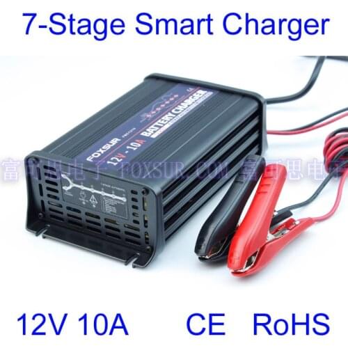 FOXSUR 12V 10A Car battery charger 7-stage smart Lead Acid Battery Charger Aluminum pulse charger 180-260V in