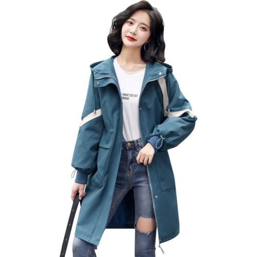 High Quality Casual Women Long Trench 2020 Spring Autumn Hooded Lining Windbreaker Coat Large Size Female Overcoat Blue Black 12