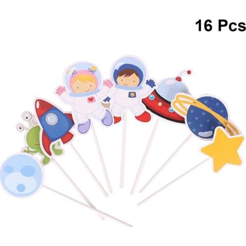 16pcs Space Astronaut Cake Toppers Cake Decorations Birthday Cupcake Topper for Space Theme Party Kids Party Baby Shower