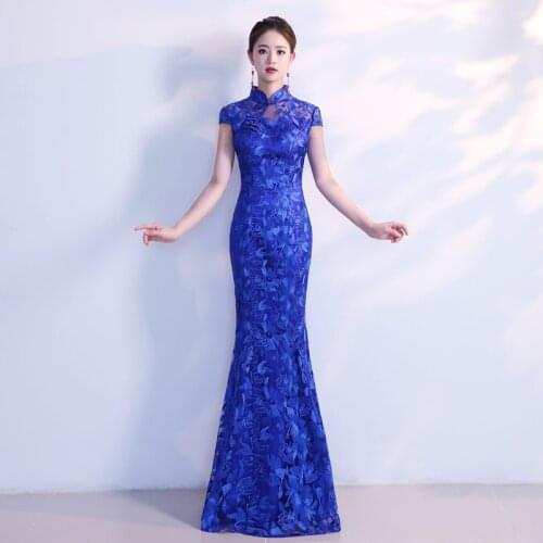 2018 Navy Blue Lace Cheongsam Dress Wedding Qipao Sexy Oriental Birthday Evening Gown China Long Traditional Chinese Dresses