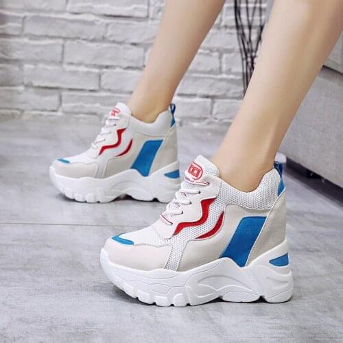 2021 Womens High Platform Shoes Breathable PU Shoes Women Height Increasi Shoes 9CM Wedges Thick Sole Trainers Ladies Sneakers