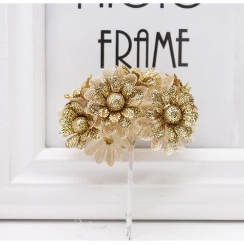 6pcs Golden Silver Glitter Artificial silk flower bouquet for Wedding Decoration Scrapbook DIY handcarft Fake flowers