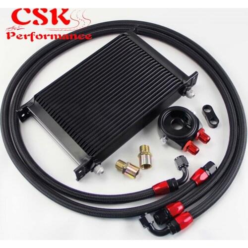 AN8 25 Row 248mm Universal Engine Transmission Oil Cooler British Type + Aluminum Filter Hose End Kit Black/Blue