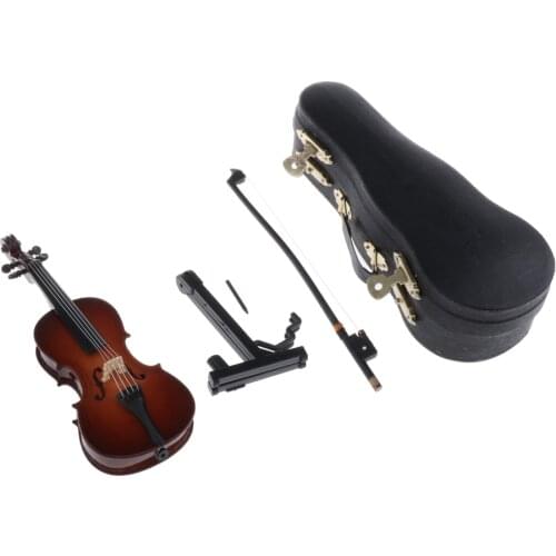 Wooden Miniature Cello Instrument Toy with Case for 1/12 Doll House Ornament