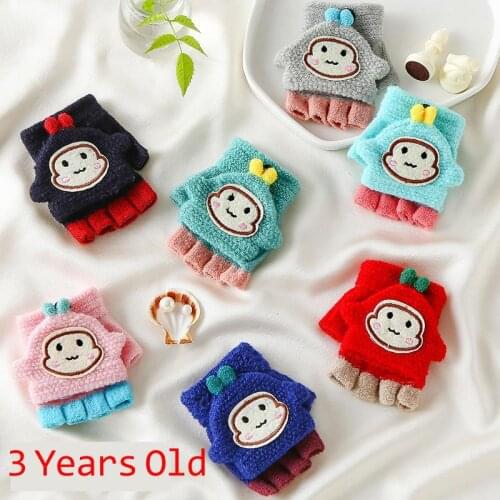 Baby Winter Gloves Cute Cashmere Cartoon Half Finger Gloves Childrens Foldable Mittens Knitted Keep Warm Gloves Girl Boy
