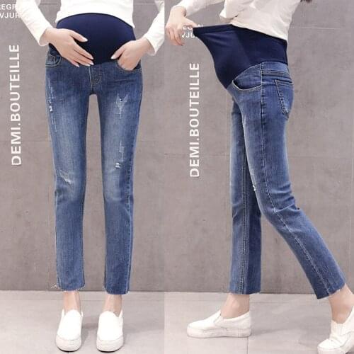 Washed pregnant women jeans hole nine points small straight pants autumn new tide mother wear thin legs straight trousers