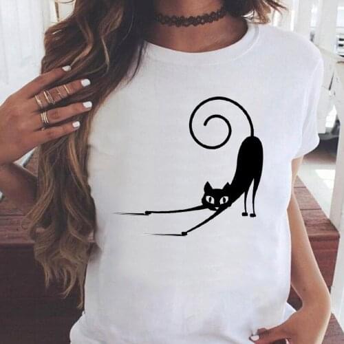 Women t-shirts Summer Black cat print Fashion Short Sleeve Ladies tshirts Female Tees Graphics O-neck streetwear tshirt femme