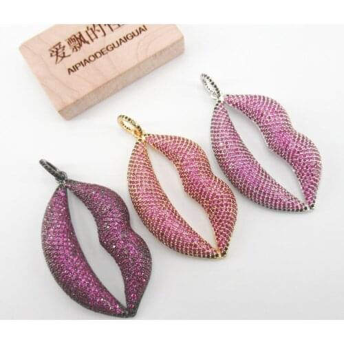 2PCS 30x52mm Hot Lips Gold plated cubic zircon CZ Paved Connector Charms necklace pendant Jewelry DIY Jewelry Findings