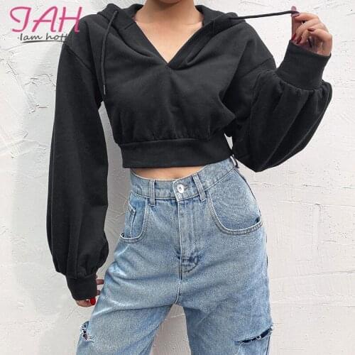 IAMHOTTY Fashion Casual Autumn Black Hoodie Women Drawstring V-Neck Long Sleeve Sweat Femme Harajuku Sporty Hoody Sweatshirt New