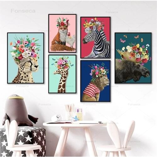 Colorful Leopard Giraffe Lion Fox Flower Crown Wall Art Canvas Painting Nordic Posters And Prints Wall Pictures Kids Room Decor