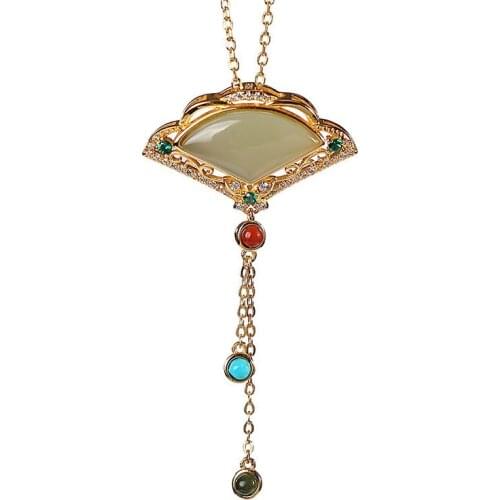 S925 sterling silver gold-plated natural Hetian jade gray jade pendant personalized antiquity fan-shaped tassel womens pendant