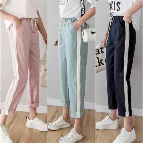 Summer Striped Trousers Women Casual Pants Long Ankle Length Trousers High Elastic Waist Pants Plus Size Cotton Linen Pants