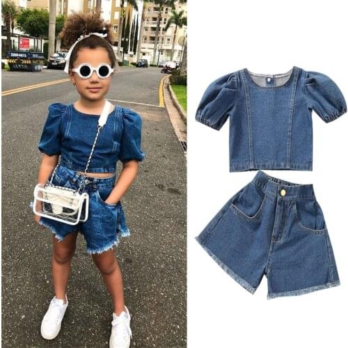 Citgeett Summer Kids Girls Casual Clothes Set Solid Color Short Puff Sleeves Tops and Shorts Denim Clothing
