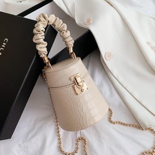 Beading Chain Crocodile Pattern Mini Crossbody Bag 2020 Korean Bucket Shoulder Bag Designer Pleated Handle Barrel Shape Purses