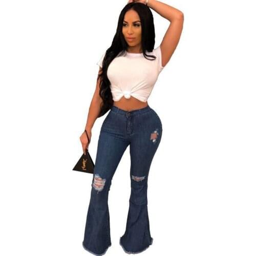 Fashion Hole Jeans Woman 2021 Skinny Denim Trousers Ripper Women Female Stretch Cotton Wide Leg Flare Pants Streetwear Plus Size