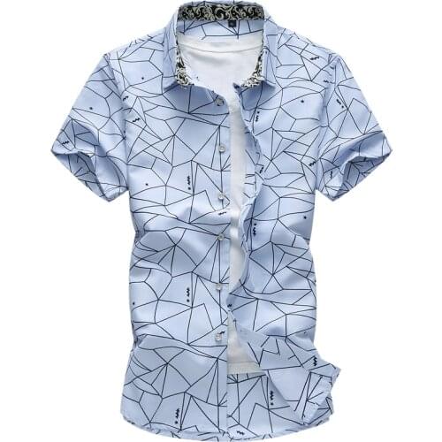 2018 New Summer Geometric Print Mens Brand Shirt Fashion Business Casual Slim Short Sleeve Shirt Camisa M-8XL UJYAOFEN