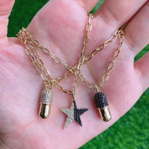 5PCS, White Black Crystal Zircon Pill / Star Charm Pendant Necklace Woman Men Hip-Hop Fashion Jewelry