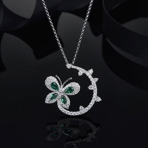 AAA Quality Fashion Cute Butterfly Flower Necklaces Pendants Micro Pave Green CZ Jewelry Fine Silver Chain For Women