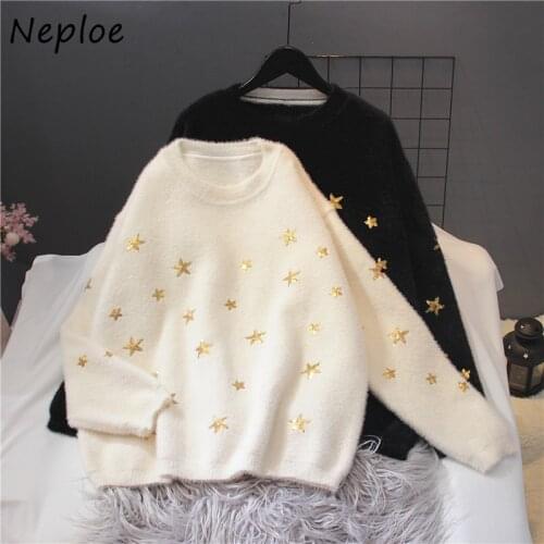 Neploe Sea Star Sequined Pattern Patchwork Pullovers Loose Autumn New Knitted Sweaters Women Soft Warm Solid Color O-Neck Tops