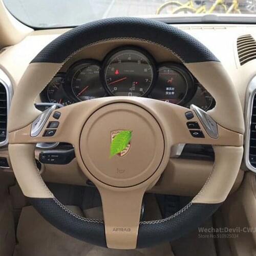 Steering Wheel Cover Hand Sewing Wrap Cover For Porsche Cayenne Panamera 2010-2011 Beige & Black Hole Leather Light Grey Thread