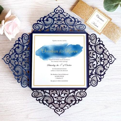 50PCS Navy Blue Wedding Invitations with Gold Band for Wedding, Bridal Shower, Dinner, Party with Glitter Inner