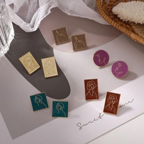 VSnow Statement Oil Painting Abstract Face Square Dangle Earring for Women French Vintage Circle Square Party Earring Pendientes