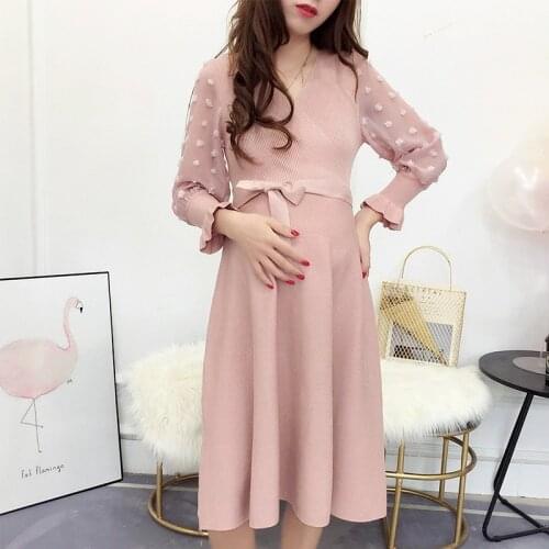 Maternity Knitted Dress 2020 New Fashion Daily V Neck high waist Dress For Pregnant Women winter Pregnancy Women elegant clothes