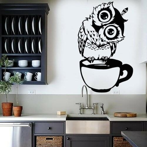 Funny Wall Decal Cartoon Owl Cup Of Tea Coffee For Kitchen Wall Stickers Vinyl Dining Room Cafe Shopwindow Wall Decoration Y640