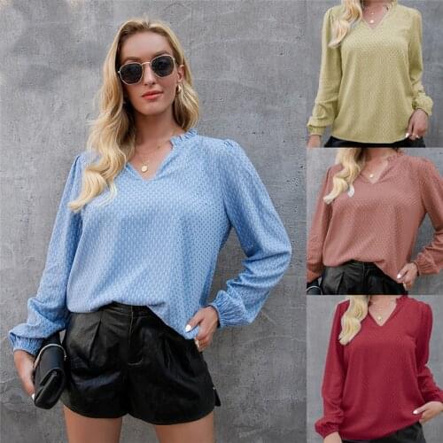 Womens Clothing 2021 Casual Blouse Spring Autumn Solid Color V-Neck Long Sleeve Shirts Woman Top Blusas Femme Y2k Loose Tops