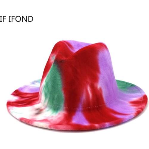 2021 New Unisex Tie dye Wool Felt Fedora Hats Fashion Spring Wide Brim Panama Jazz Hat Trilby Cap