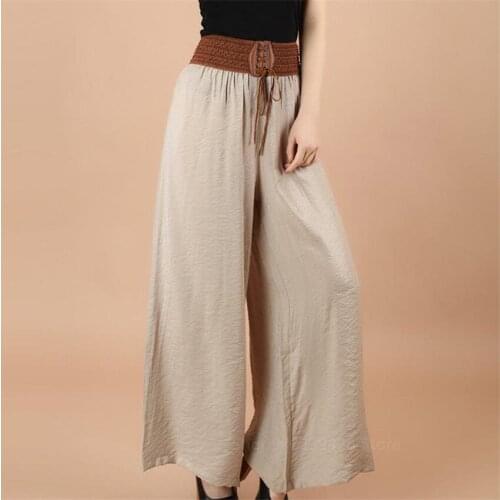 Cotton Linen Women Pants Traditional Chinese Solid Color Loose Costumes Vintage Wide Leg Elastic Waist Casual Trousers