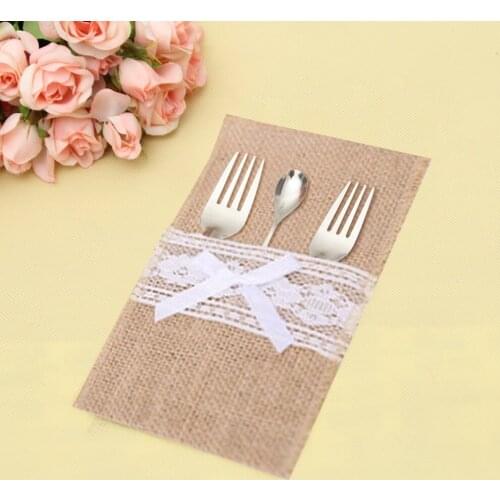 Burlap Lace Cutlery Pouch Vintage Jute Tableware Knife Fork Holder Bag Wedding Birthday Party Decoration Supplies 50/100pcs