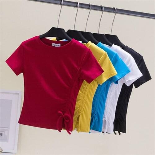 6 Color Cotton T Shirt Women Summer Sexy T Shirt Round Neck Short Sleeve Folds T-shirt Tops Ladies Shirt Fashion Women Tshirt