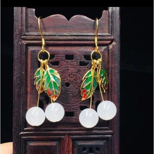 HOT 925 Sterling Silver Fine Jewelry Hetian White Jade Inaly Green Leafs Set Bead Dangle Earrings For Women Charm Christmas Gift