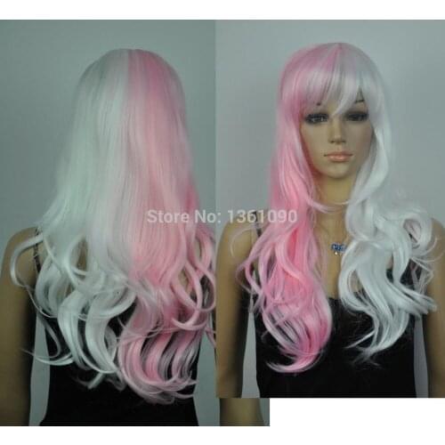Hot sell new - new1080 white and pink mix long curly Cosplay FULL WIG new