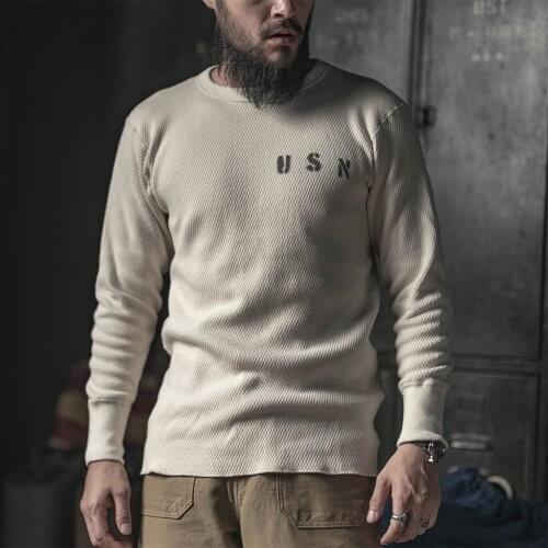 Bronson US Naval Raschel Knitting Waffle Undershirt Heavyweight 17 oz.Cotton Vintage Men’s Casual Long Sleeve T-Shirt