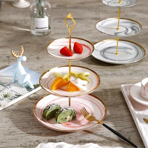 Ceramic Porcelain Marble Three Layer Gold Ceramic Cake Plate Snack Tray Stand for Wedding