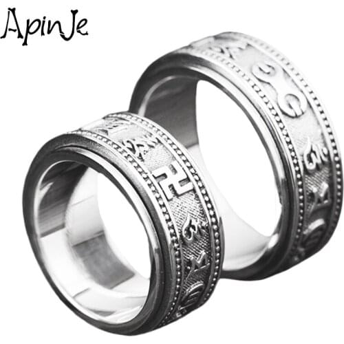 Apinje Bintage Style 925 Sterling Silver Ring for Men Women Six Words Mantra Rotatable Fashion Jewelry Romantic Couples Rings