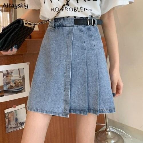 Patchwork Mini Skirts Women Denim Sashes Korean Style Leisure All-match Teenager Simple Slim Ulzzang Summer Vintage Irregular