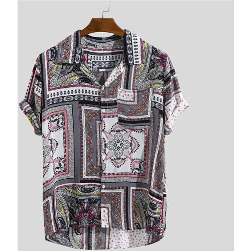 2021 Summer Hawaiian Shirt Mens Ethnic Geometric Color Block Print Short Sleeve Light Tops Casual Button Up Shirt Men