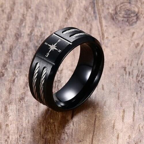 Mens Cable Rings in Black Titanium Steel Wedding Band with Stainless Steel Cables Inlay Compass Symbol Engraved Ring Men Jewelry