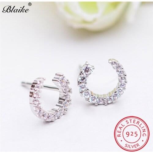 Real 925 Sterling Silver Letter Earrings For Women Dainty White Sapphire Crystal Double Ear Stud Earring Wedding Simple Jewelry
