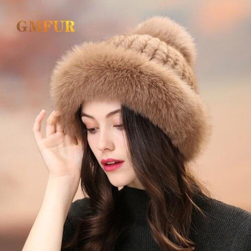 Real Mink Fur Hats Winter Women Luxury Natural Knitted Mink With Fox Fur Cap Warm Fluffy Casual Fox Pompon Fur Hat Lady