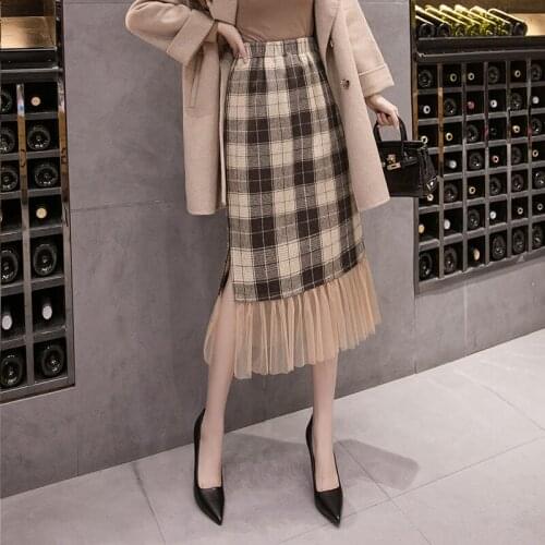 New Woolen Split Stitching Mesh Gauze Plaid A-line Long Skirt Versatile High Waist Mid-length Bag Hip Skirt